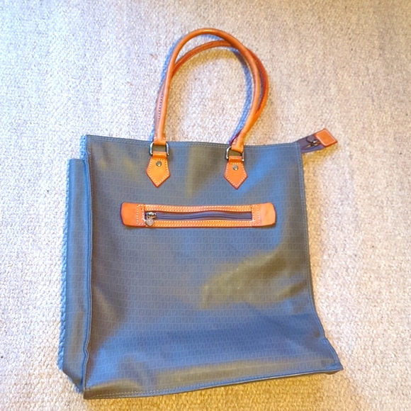 Vintage Brown-Grey Monogramed Fendi Tote Bag With Brown Leather Handles - Picture 1 of 10